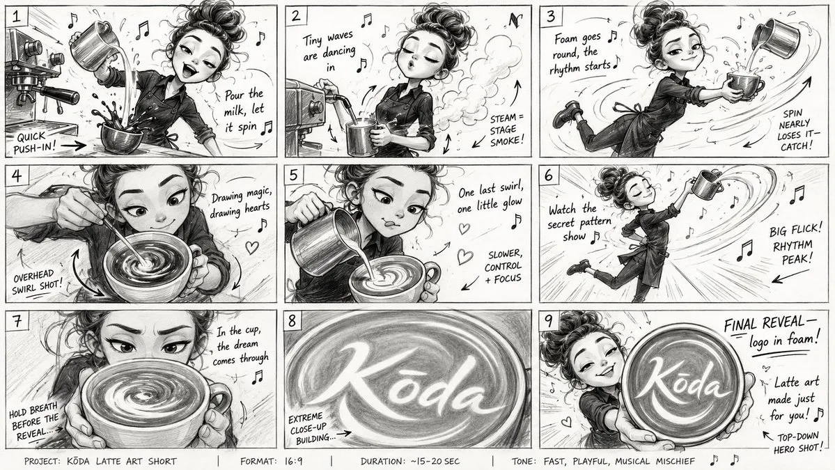 No. 76: Comic / Storyboard - Latte Art Musical Storyboard — GPT Image 2 image prompt example