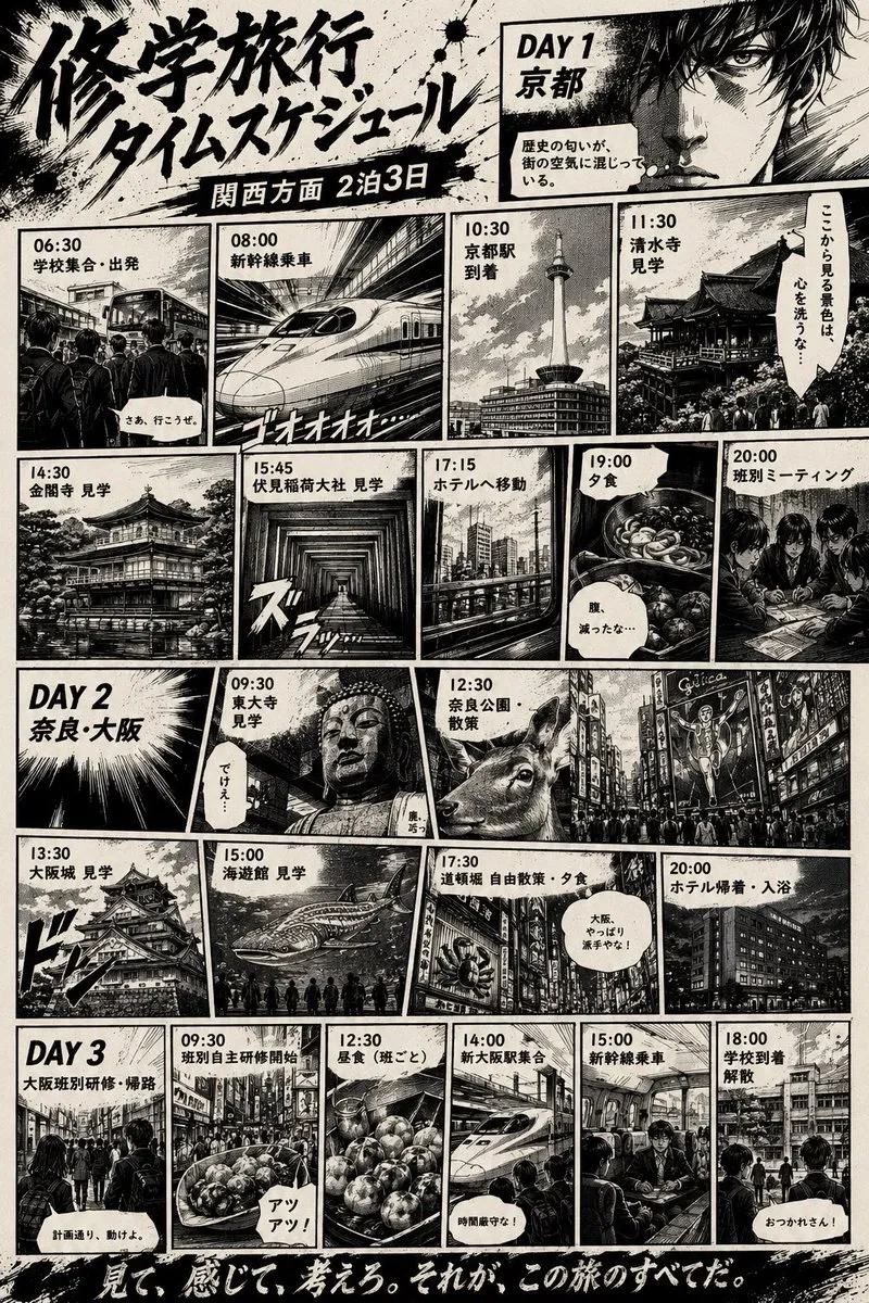 No. 86: Comic / Storyboard - Manga School Trip Timetable — GPT Image 2 image prompt example