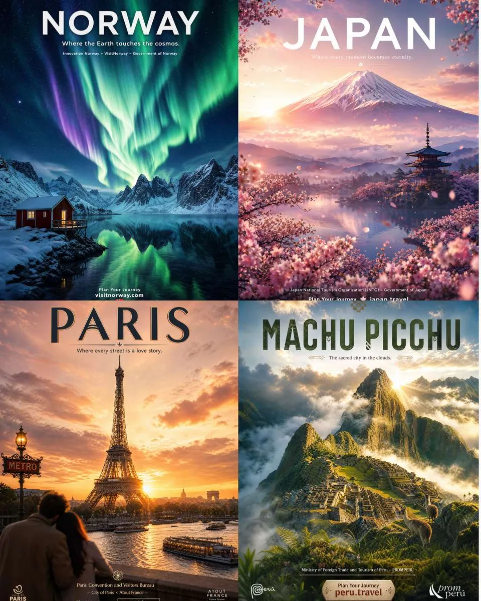 No. 90: Product Marketing - Four Destination Tourism Poster Grid — GPT Image 2 image prompt example