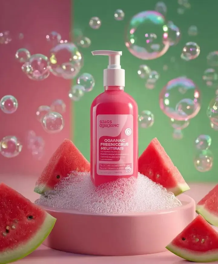 No. 106: E-commerce Main Image - Skincare product advertisement with watermelon and bubbles — Nano Banana Pro image prompt example