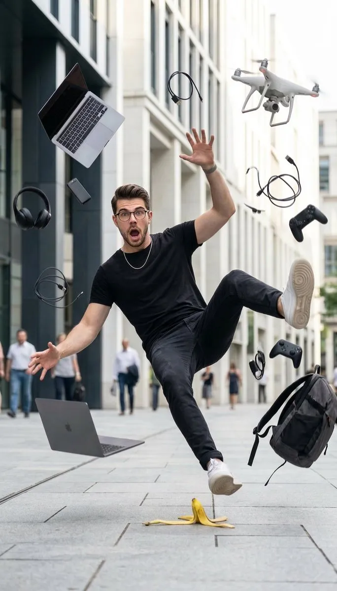 No. 51: YouTube Thumbnail - Cinematic Street Photography of Man Slipping on Banana Peel — Nano Banana Pro image prompt example