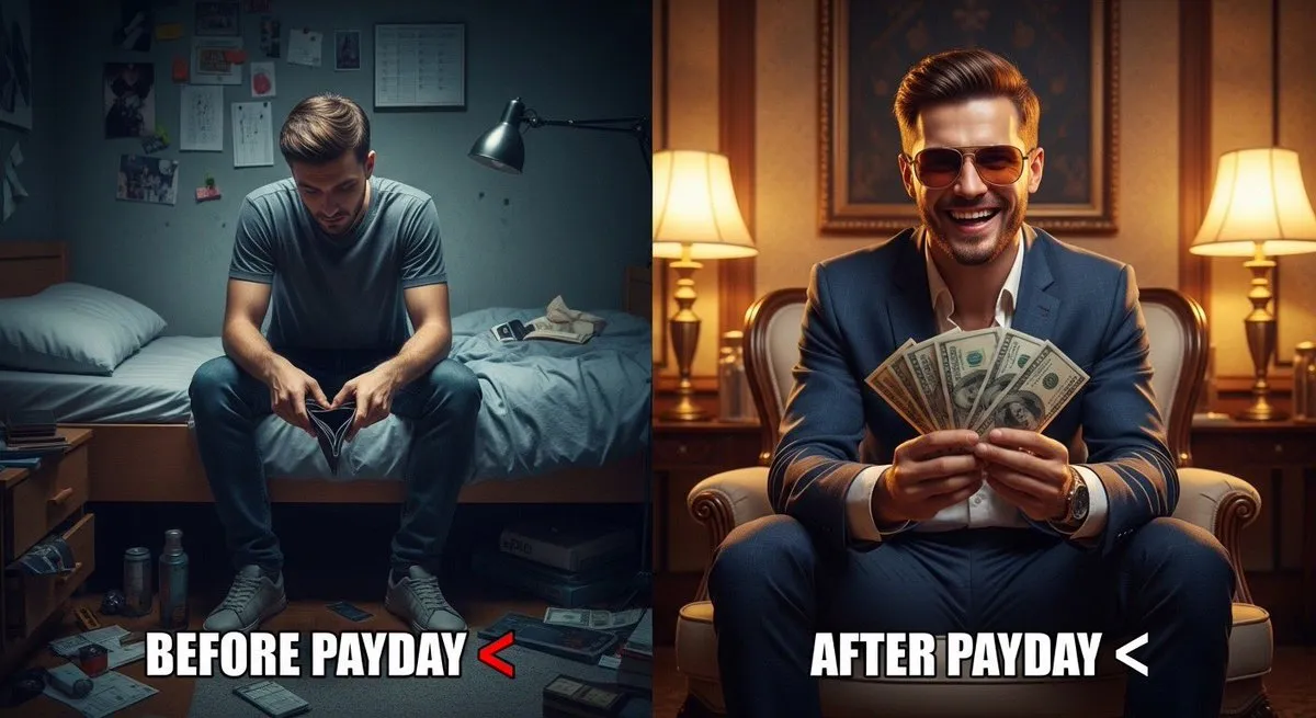 No. 53: YouTube Thumbnail - Split Scene 'Before and After Payday' Prompt for Nano Banana Pro — Nano Banana Pro image prompt example