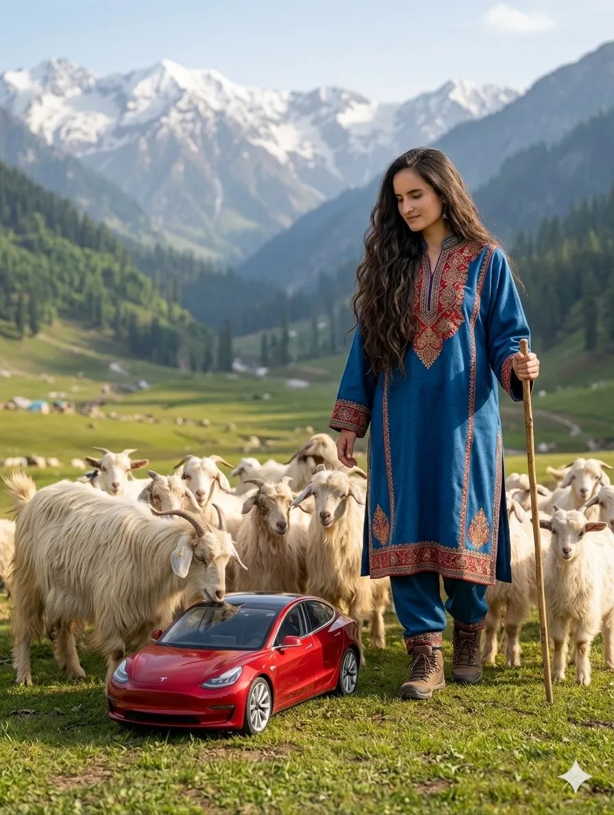 No. 66: Comic / Storyboard - Surreal Kashmiri Shepherd with Tesla — Nano Banana Pro image prompt example