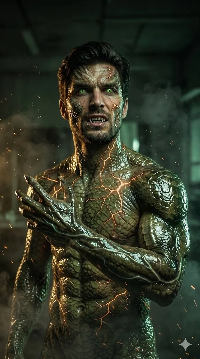 No. 71: Comic / Storyboard - Cinematic Reptilian Transformation Scene — Nano Banana Pro image prompt example