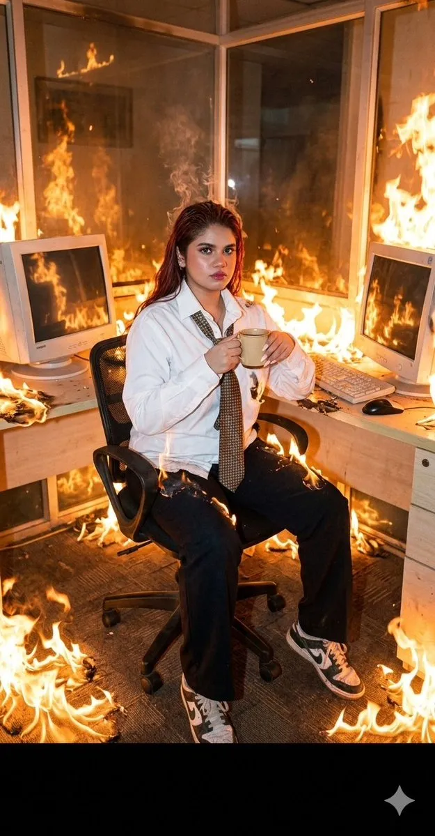 No. 73: Comic / Storyboard - Absurdist Office Workspace Fire — Nano Banana Pro image prompt example
