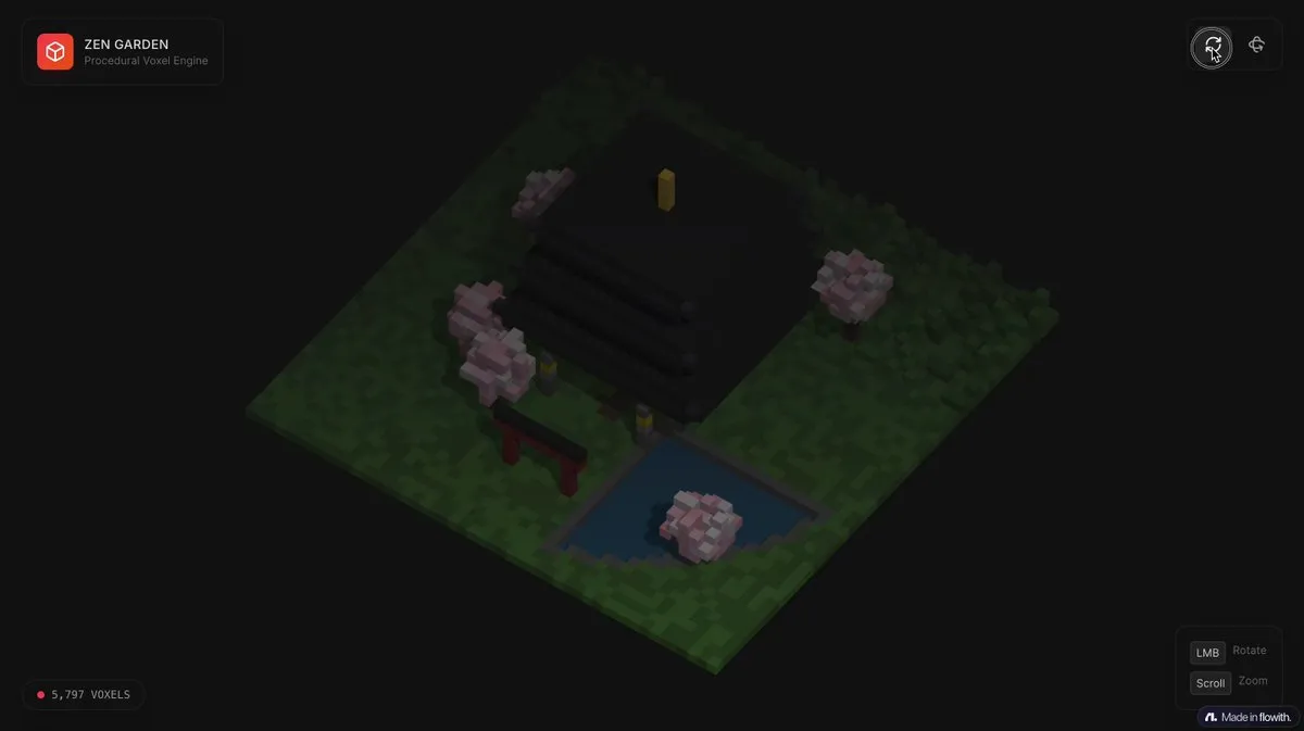 No. 8: Voxel-art pagoda garden single-file HTML scene — Nano Banana Pro image prompt example