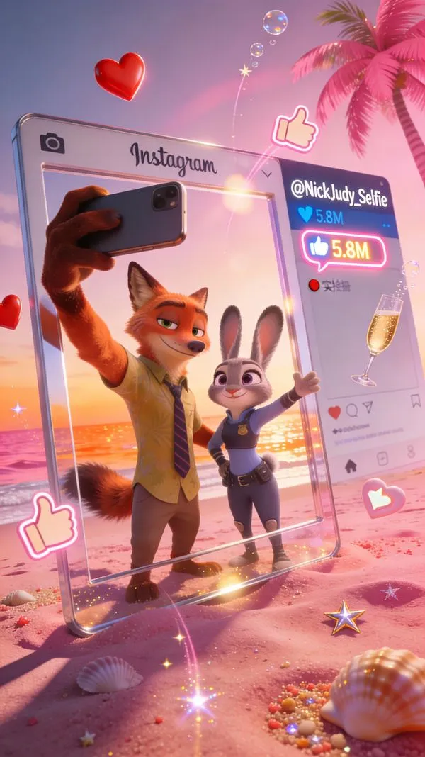 No. 104: Nick and Judy Pink Beach Instagram-Style Selfie — Seedream 5 image prompt example