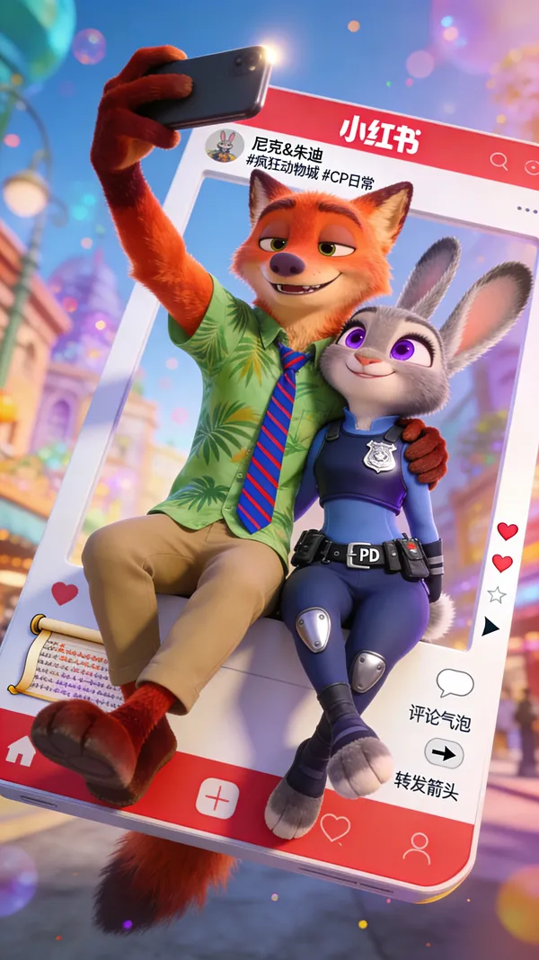 No. 107: Nick and Judy Xiaohongshu-Style Fourth-Wall-Breaking Selfie — Seedream 5 image prompt example