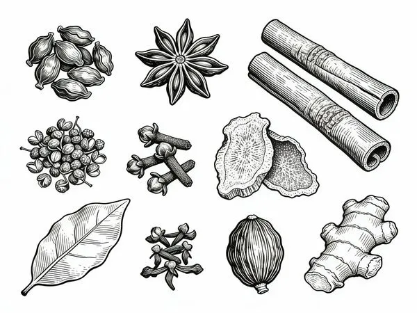 No. 108: Line Art of Traditional Chinese Seasoning Herbs — Seedream 5 image prompt example