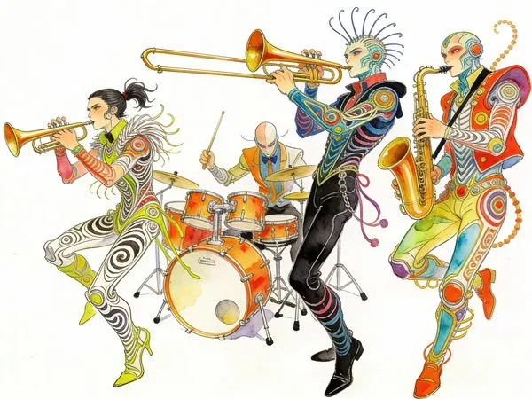 No. 110: Band Illustration in a Hybrid Style of Moebius and Kim Jung Gi — Seedream 5 image prompt example