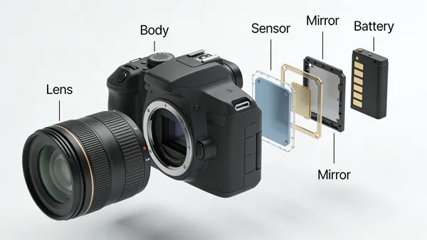 No. 43: Exploded View DSLR Camera Illustration — Seedream 5 image prompt example