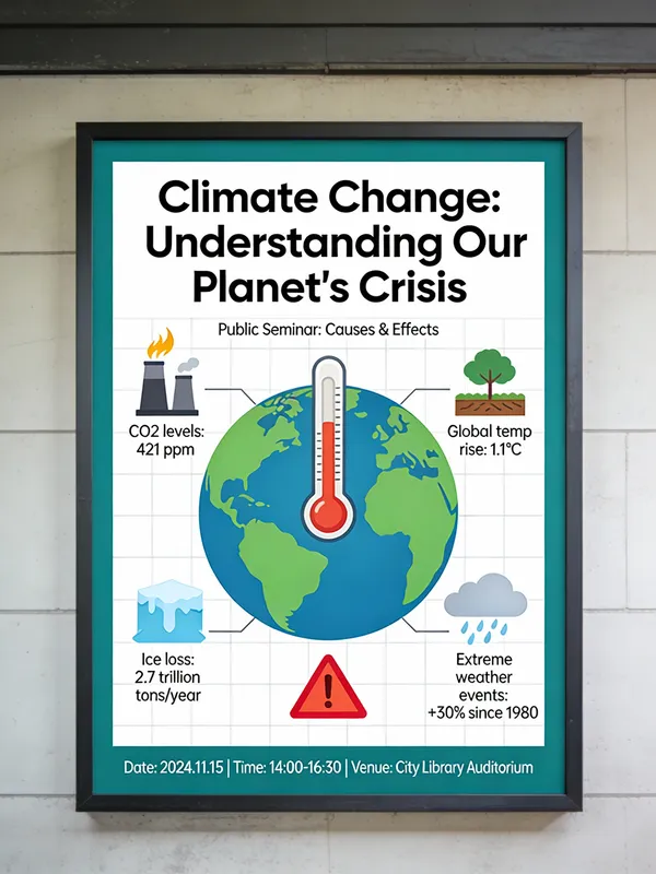 No. 5: Informative Climate Change Seminar Poster — Seedream 5 image prompt example