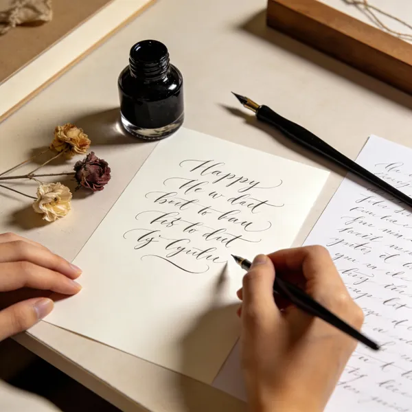 No. 63: Overhead Calligraphy Crafting Shot — Seedream 5 image prompt example
