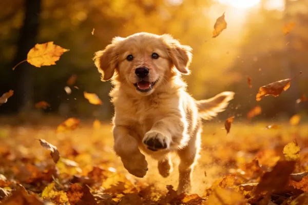 No. 67: Golden Retriever Puppy in Autumn Leaves — Seedream 5 image prompt example
