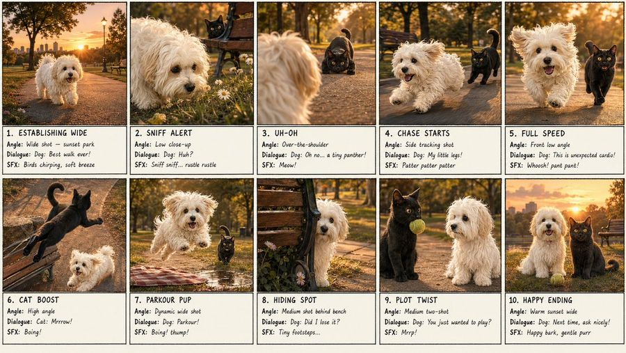 10 Panel Dog And Cat Park Storyboard — GPT Image 2 image prompt example