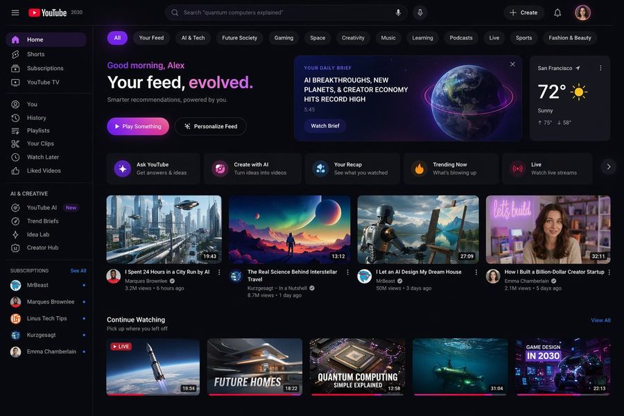Screenshot of the YouTube Homepage in 2030 — GPT Image 2 image prompt example