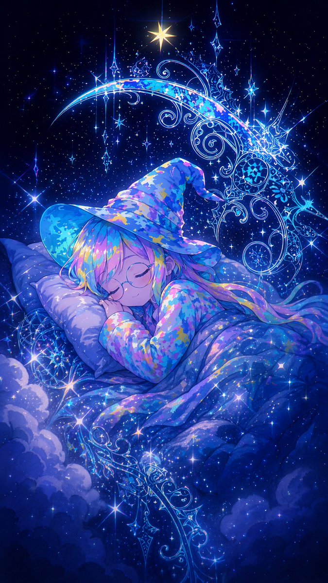 Ethereal Anime Illustration of a Young Anime Witch Sleeping — GPT Image 2 image prompt example