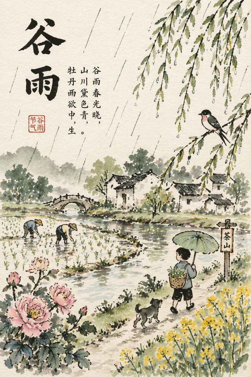 Poster for the Grain Rain Solar Term in the Painting Style of Feng — GPT Image 2 image prompt example