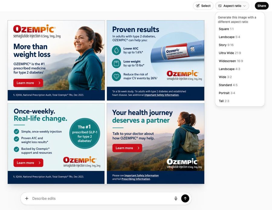 Image Featuring Four Frames of a 300x250 Banner Ad for Ozempic — GPT Image 2 image prompt example