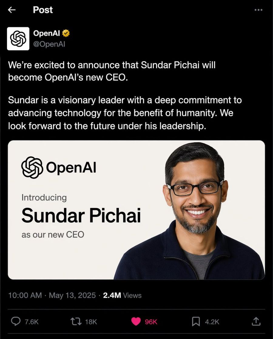Screenshot of an X Post by OpenAI Announcing Sundar Pichai — GPT Image 2 image prompt example