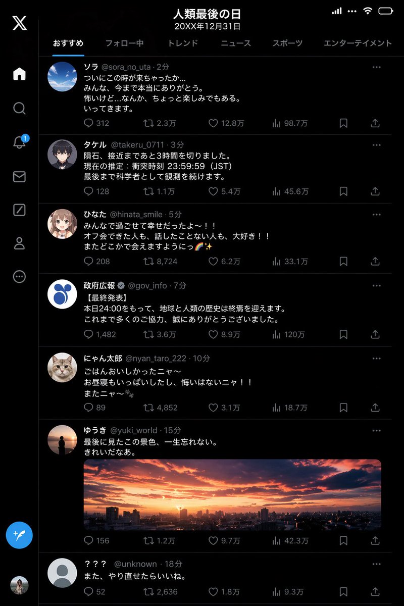 Screenshot of X's Timeline on the Last Day of Humanity — GPT Image 2 image prompt example