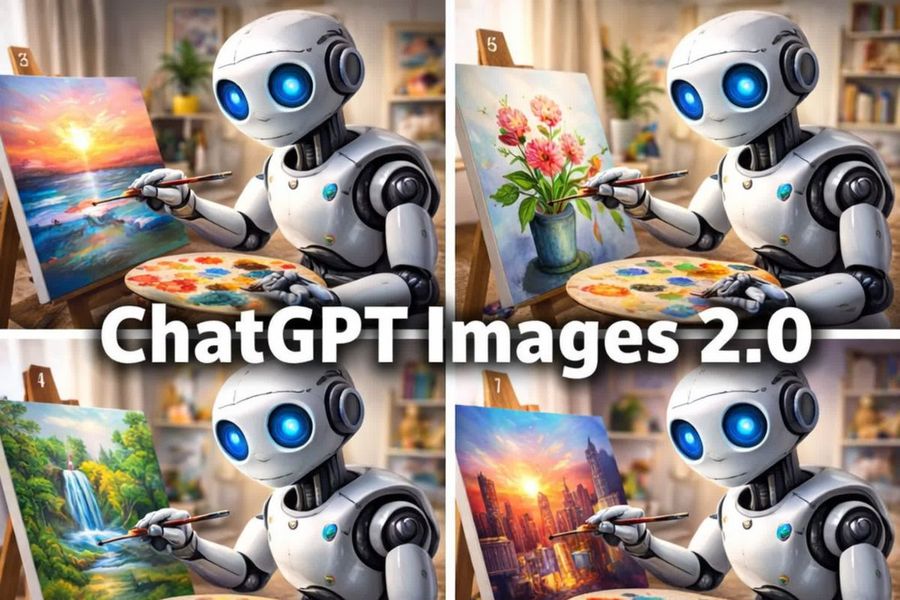 Robot Painting a Vivid Ocean Sunset Seascape — GPT Image 2 image prompt example