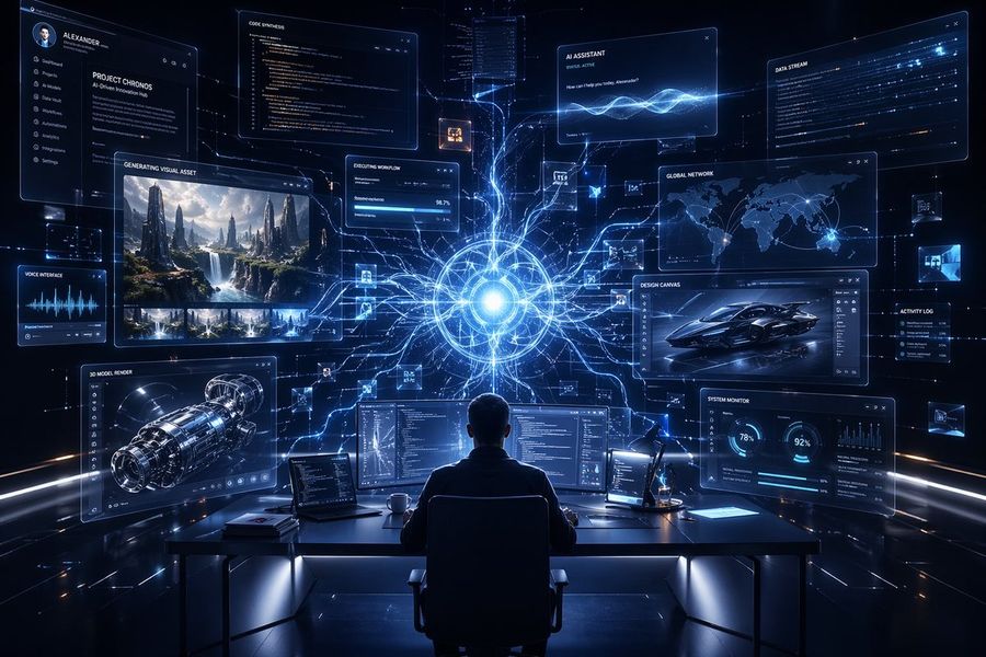 Cinematic Futuristic Control-room Workspace in a Dark Premium Tech — GPT Image 2 image prompt example