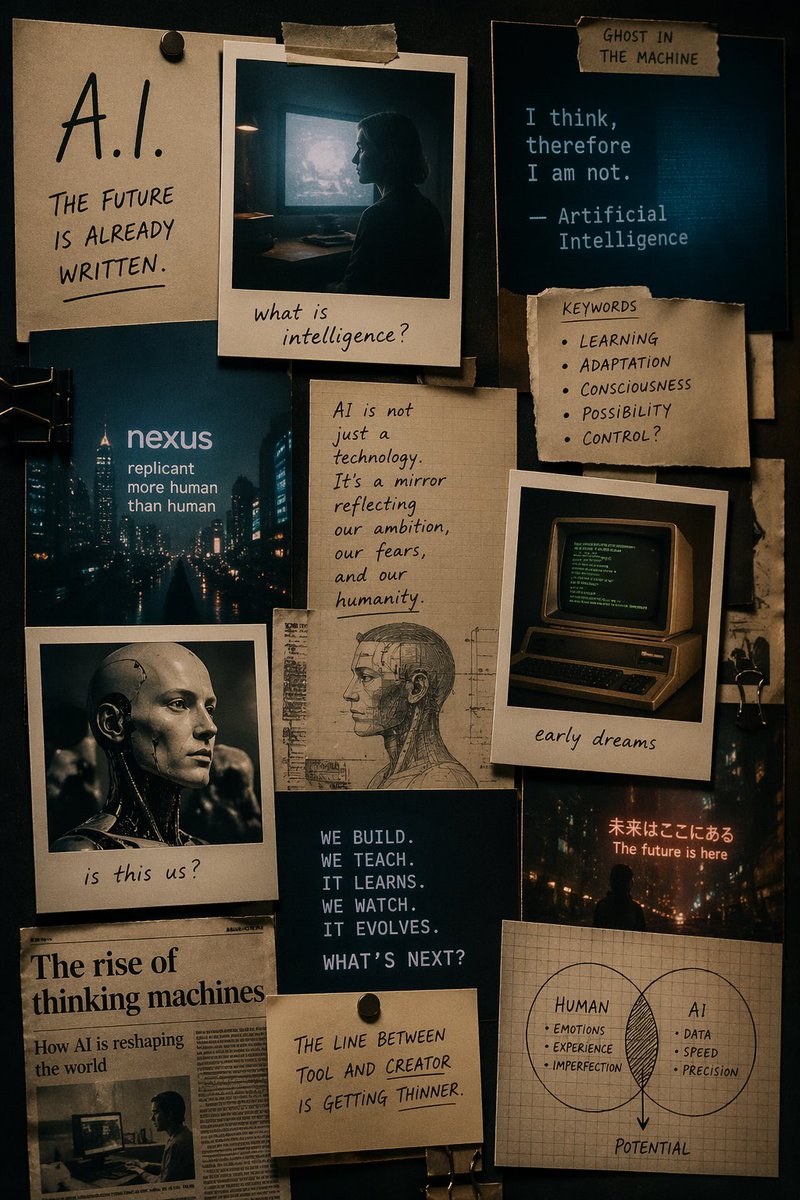 Mood Board About AI, Cinematic Style, Use Nostalgic Stuff Like — GPT Image 2 image prompt example