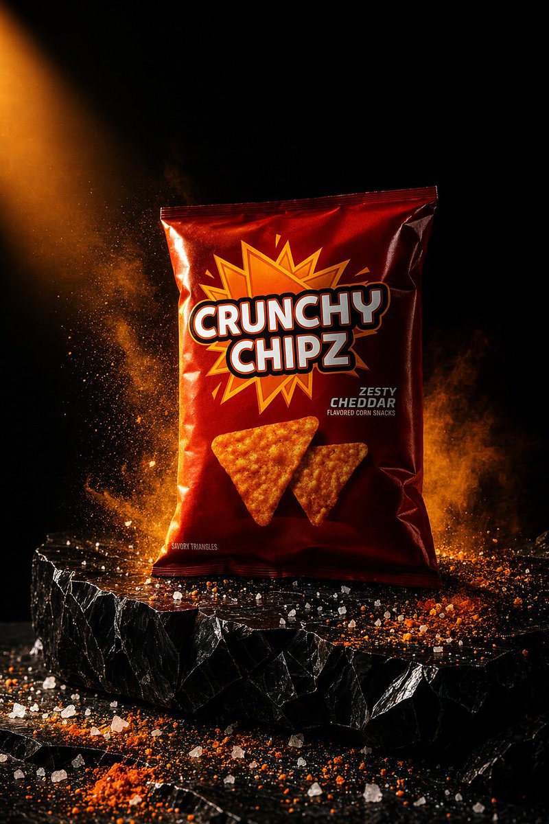 Dramatic Studio Product Photograph of a Standing Bag of CRUNCHY CHIPZ — GPT Image 2 image prompt example