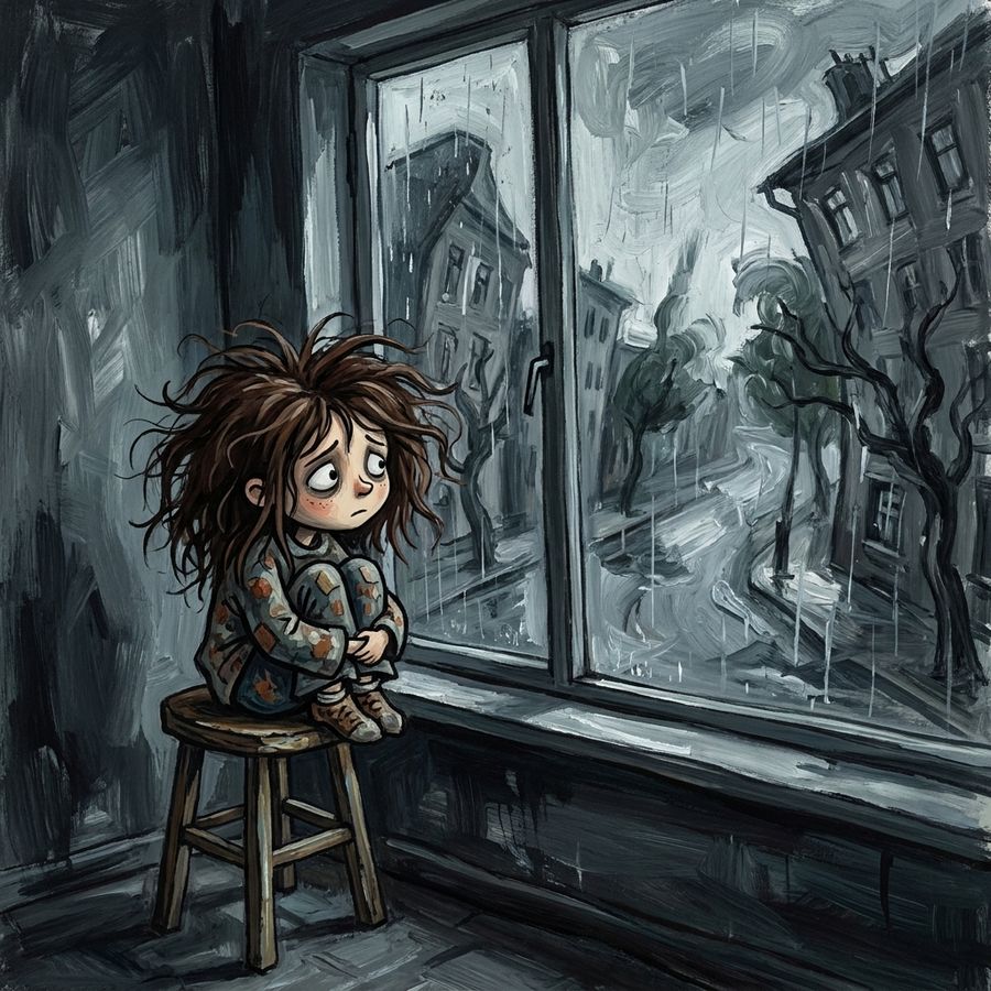 Moody Storybook-style Digital Painting of a Small Sad Child Sitting — GPT Image 2 image prompt example