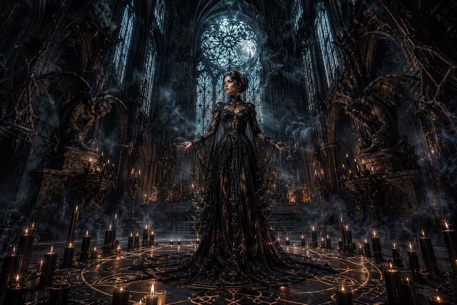 Cinematic Dark Fantasy Scene Inside a Vast Gothic Cathedral at Night — GPT Image 2 image prompt example