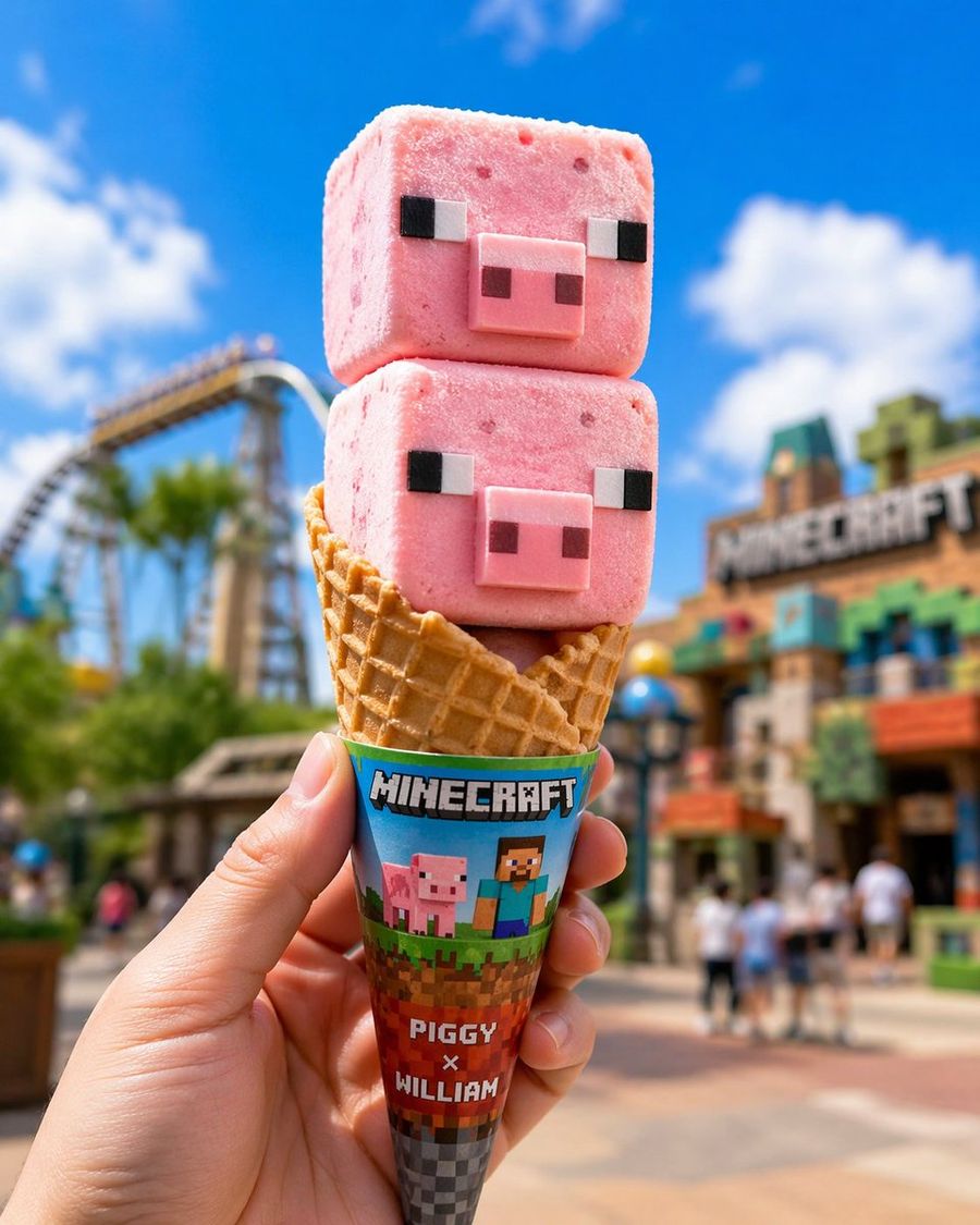 William and Piggy Shaped Ice Cream, Pink Square Ice Cream with Pixel — GPT Image 2 image prompt example