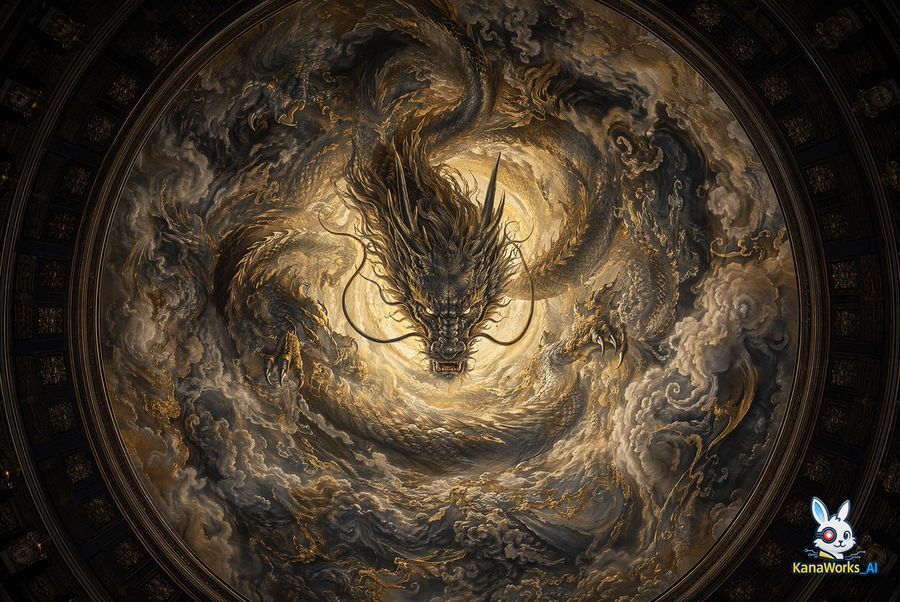 Museum-grade, High-end Mural Inspired by the “Crying Dragon” of Nikko — GPT Image 2 image prompt example