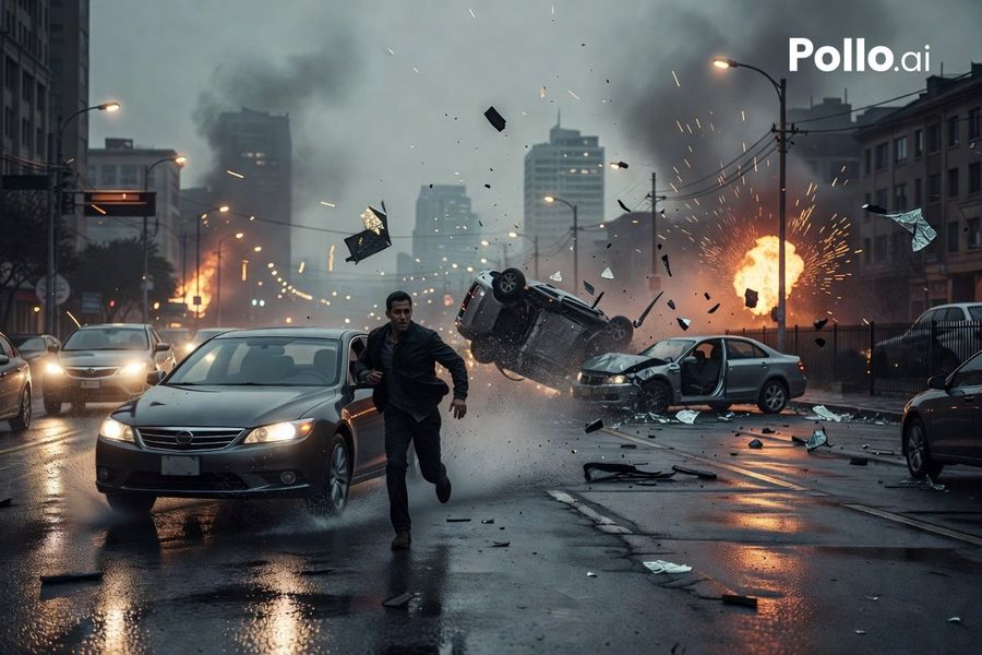 Cinematic Ultra-realistic Action Scene on a Rain-soaked Urban Street — GPT Image 2 image prompt example