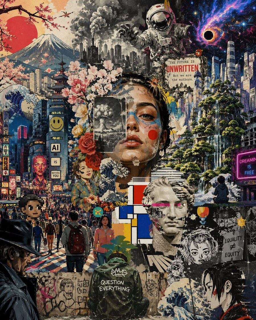 Dense Surreal Collage Poster Blending Retro Japanese Street Culture — GPT Image 2 image prompt example