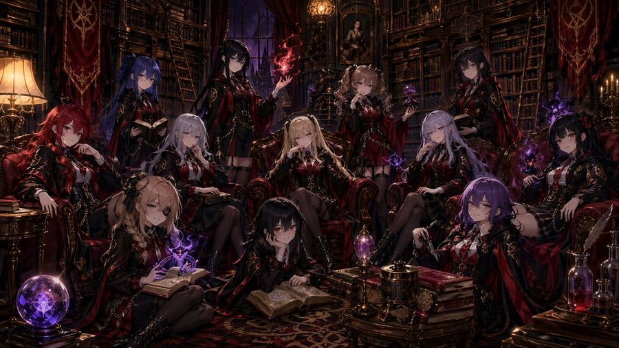 Lavish Dark Fantasy Anime Illustration of 11 Elegant Young Women — GPT Image 2 image prompt example