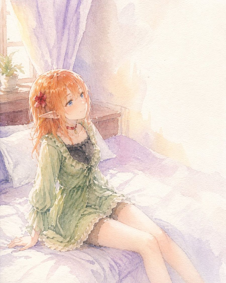 Soft Pastel Watercolor Anime Illustration of a Young Elf Girl Sitting — GPT Image 2 image prompt example