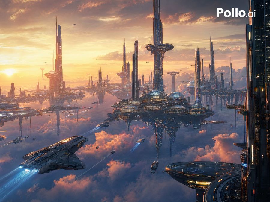 Vast Cinematic Sci-fi Megacity Floating Above Dense Glowing Clouds — GPT Image 2 image prompt example