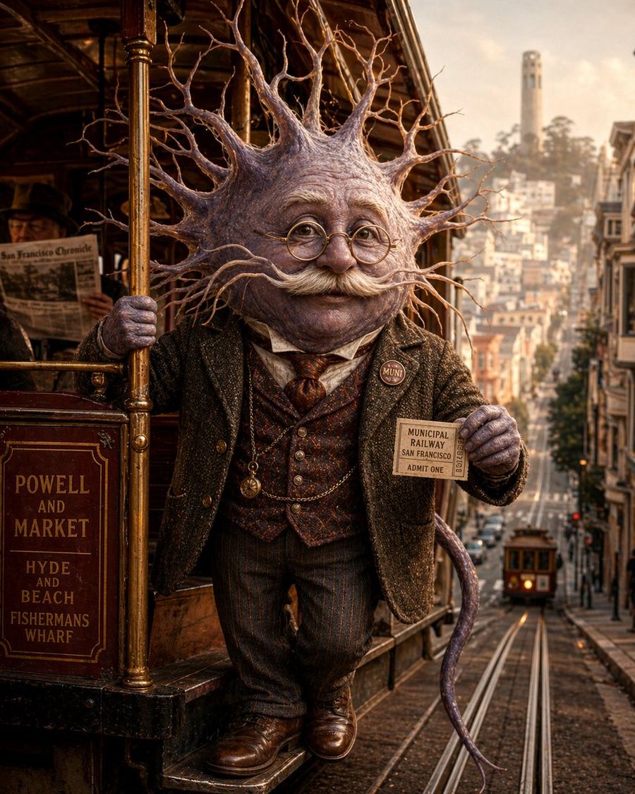 Whimsical Cinematic Portrait of an Anthropomorphic Neuron Riding — GPT Image 2 image prompt example