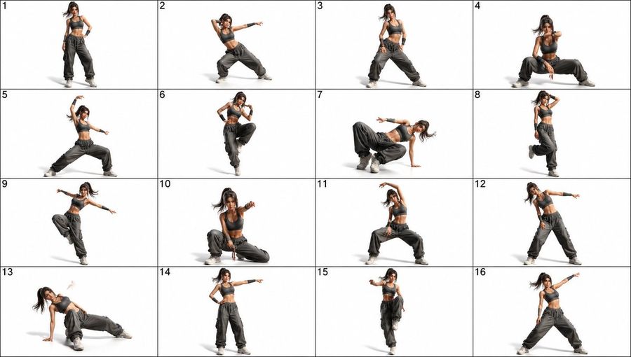 16 Panel Female Dance Pose Sheet — GPT Image 2 image prompt example