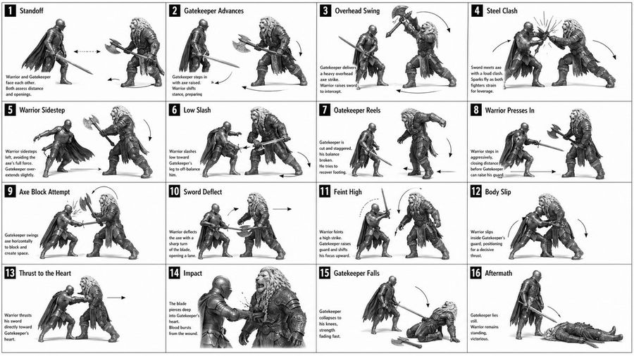 16 Panel Medieval Duel Storyboard — GPT Image 2 image prompt example