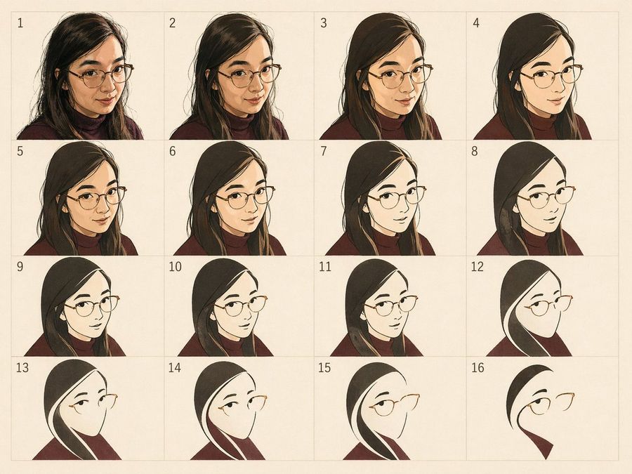 16 Panel Portrait Abstraction Study — GPT Image 2 image prompt example