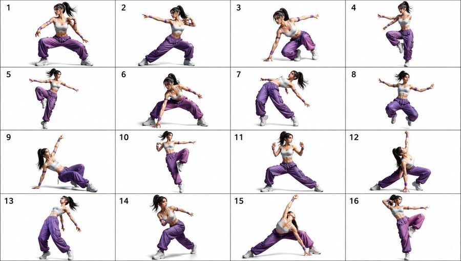16 Pose Dance Combat Reference Sheet — GPT Image 2 image prompt example