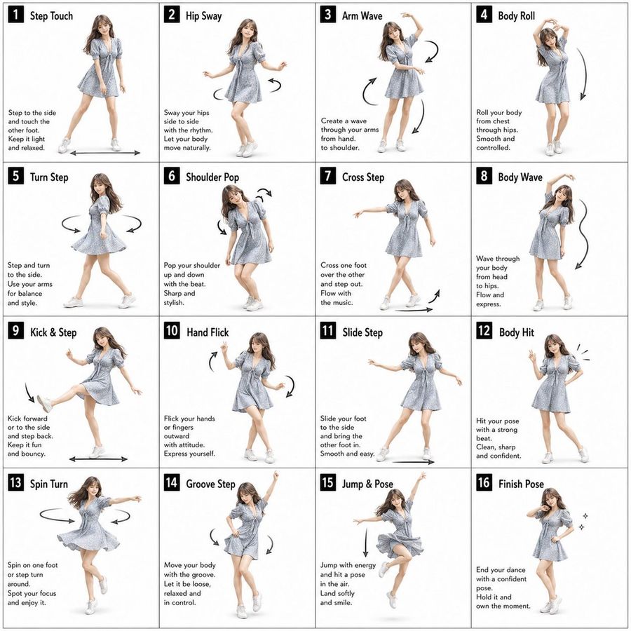 16 Pose Dance Instruction Sheet — GPT Image 2 image prompt example