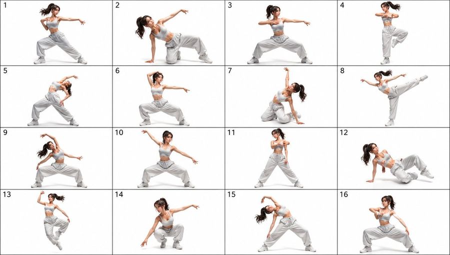 16 Pose Dance Reference Sheet — GPT Image 2 image prompt example