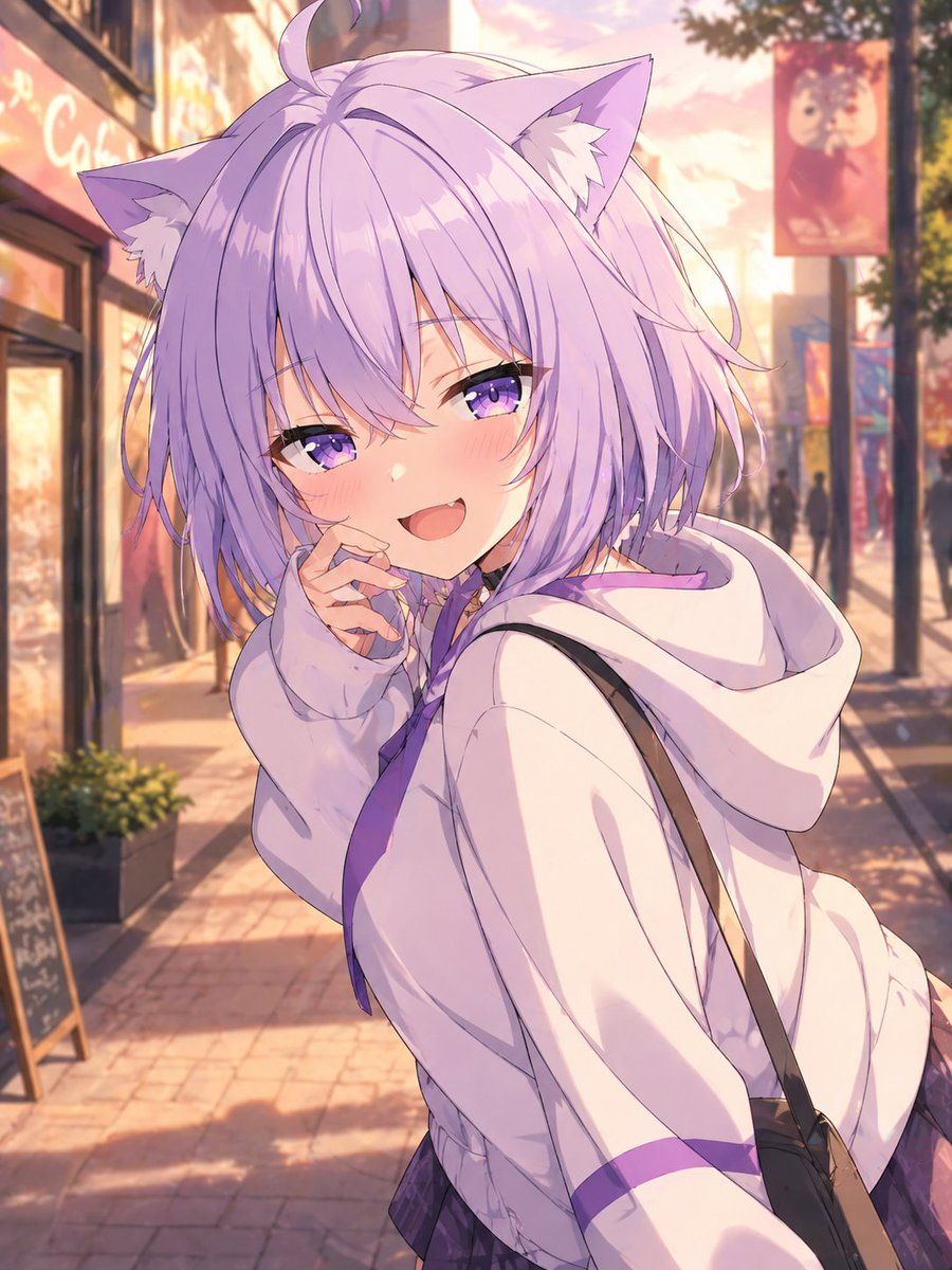 Soft Anime Illustration of Nekomata Okayu as a Catgirl Walking — GPT Image 2 image prompt example