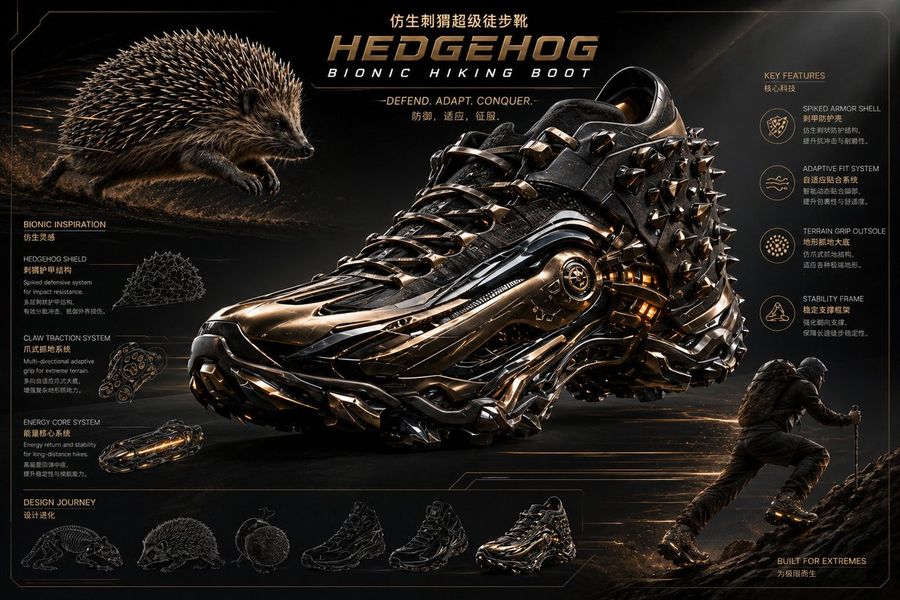 Extreme Futuristic Hedgehog-inspired Bionic Hiking Boot, Fusion — GPT Image 2 image prompt example