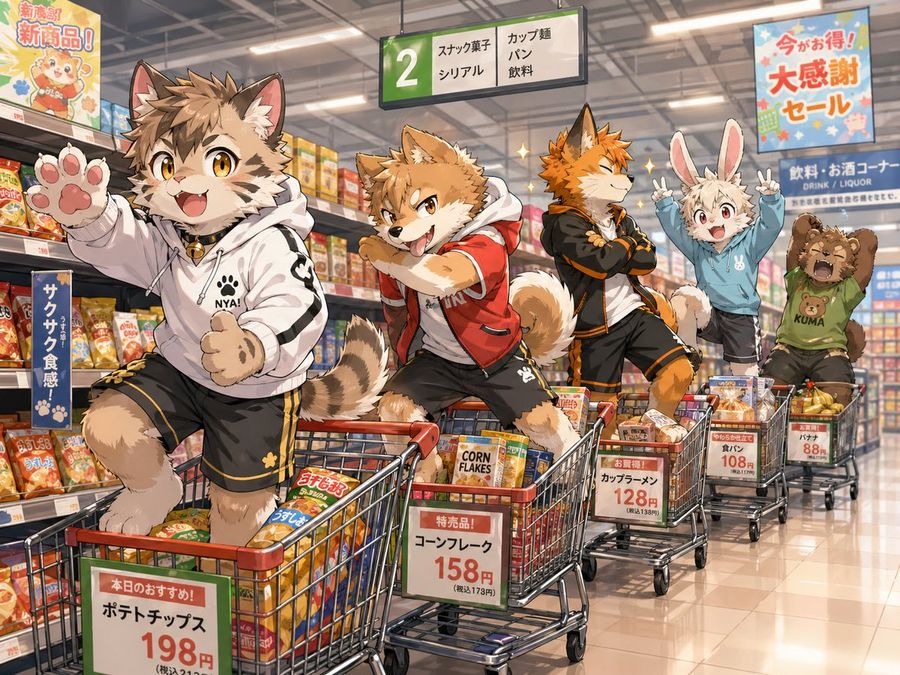 Bright, Polished Anime Illustration Set Inside a Japanese Supermarket — GPT Image 2 image prompt example