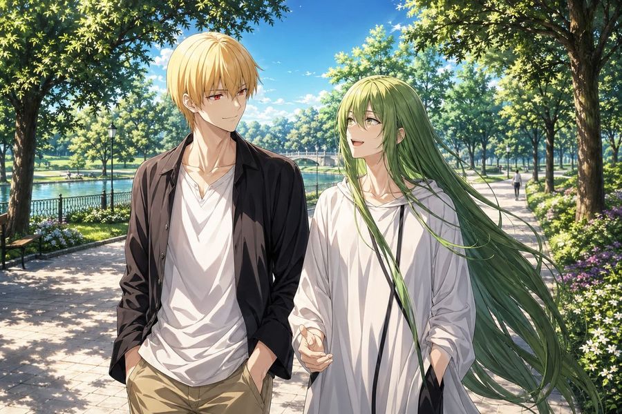 Polished Anime-style Illustration of Gilgamesh and Enkidu on a Quiet — GPT Image 2 image prompt example