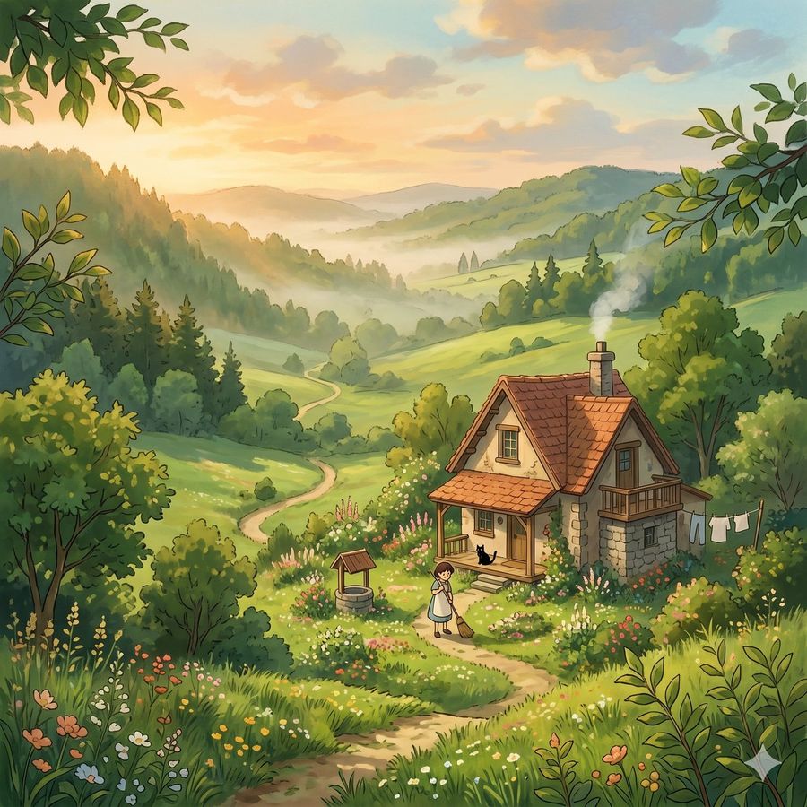 Cozy Storybook-style Countryside Illustration at Golden-hour Sunrise — GPT Image 2 image prompt example
